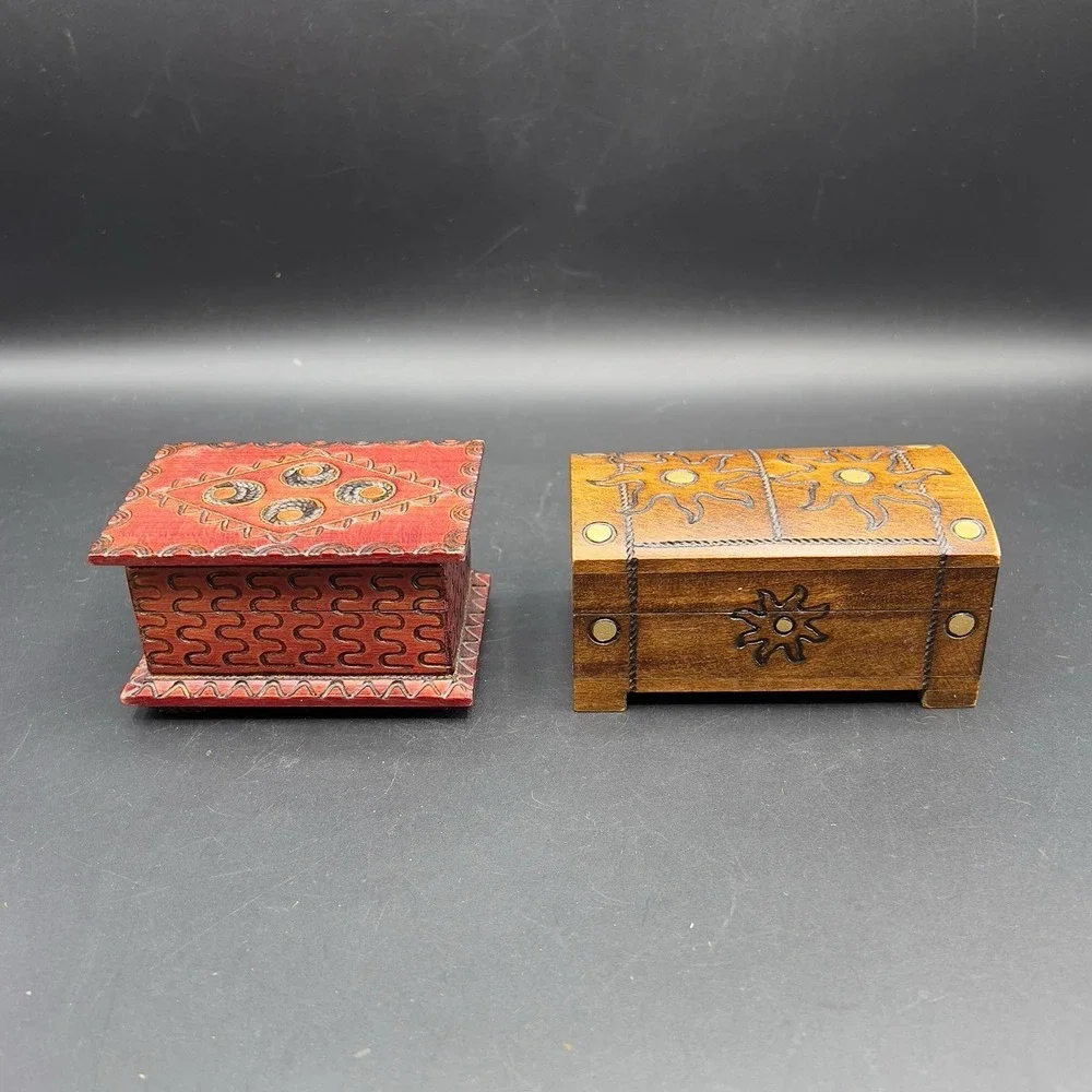 Wooden Carved Hinged Trinket Box Hand Made Poland‎ ~ Set of 2